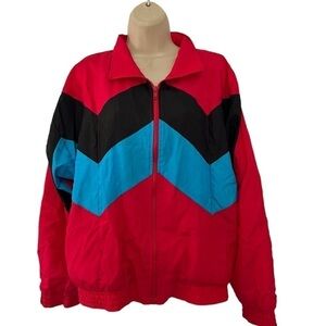 Vintage 90s Longstreet Missy Women's Sz S Red Black Turquoise Zip Up Windbreaker
